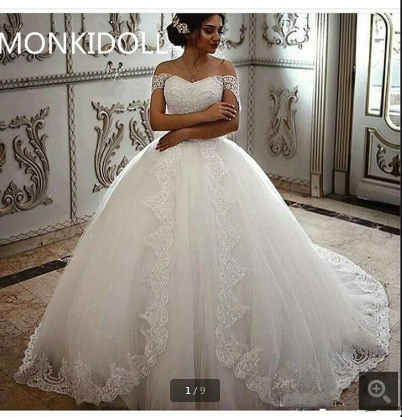 

Vestido De Festa 2019 ball gown short sleeve modest wedding dress beaded off the shoulder princess bride gowns hot sale