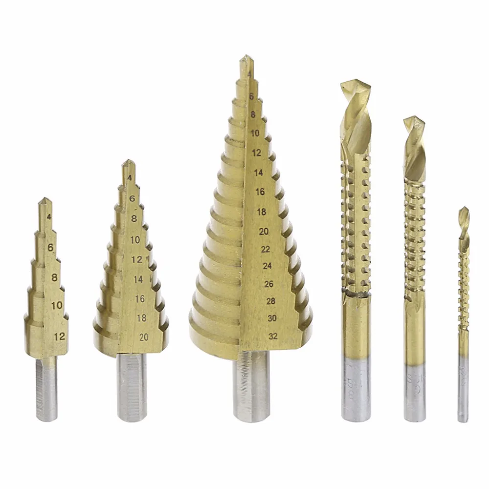 

6 Pcs/Set HSS Steel Titanium Coated Step Drill Bit Hole Cutter 4-32mm Metal Tool