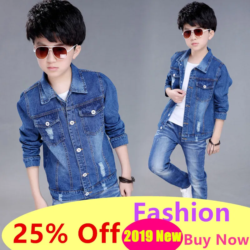 

2019 New Casual Children Denim Jackets Boys Autumn Section Jacket Big Boy Solid Color Hole Children Denim Outerwear Coats