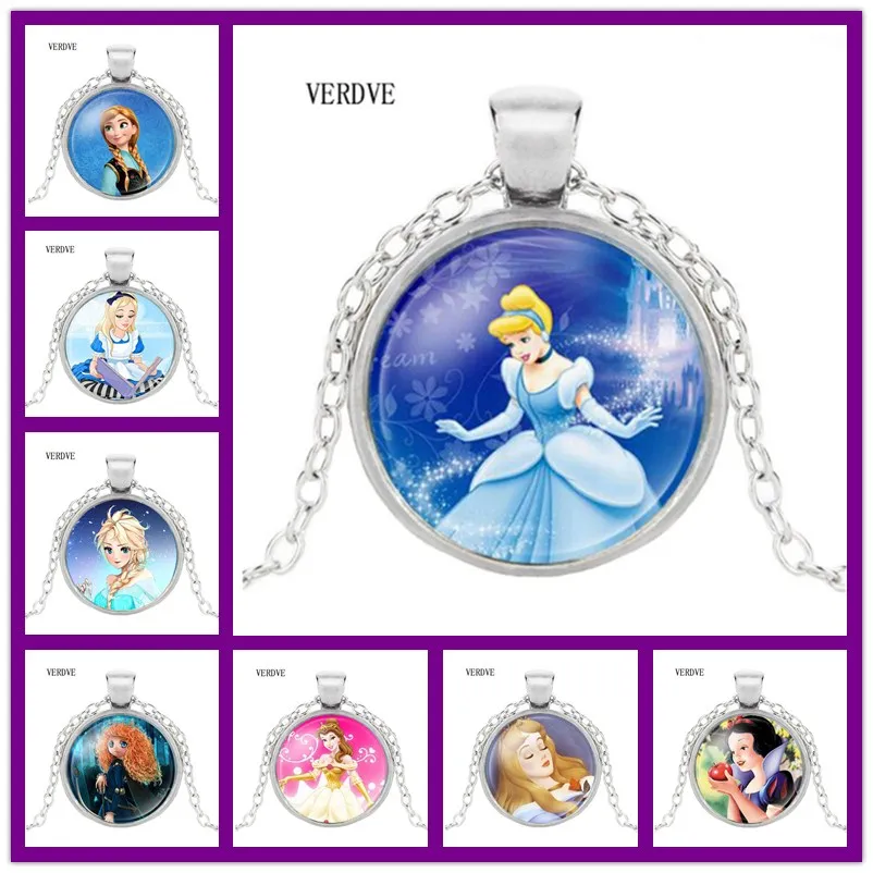 

VERDVE 2017 new fashion women's long-necklaces jewelry glass cabochon Princess Anna Snow Queen Pendant necklace girl