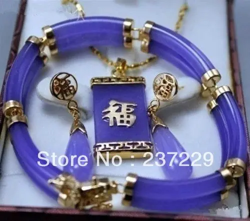 

Wholesale price FREE SHIPPING ^^^^Jewelry Lucky Purple Jade Inlay Link Bracelet Drops earrings Necklace Pendant