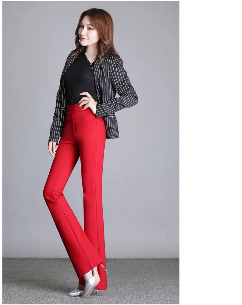 New Women's Autumn Spring Tight Flare Pants Red High Waist Plus Size Blue Elastic Band Trousers Fashion Casual Stretch Pants 6XL