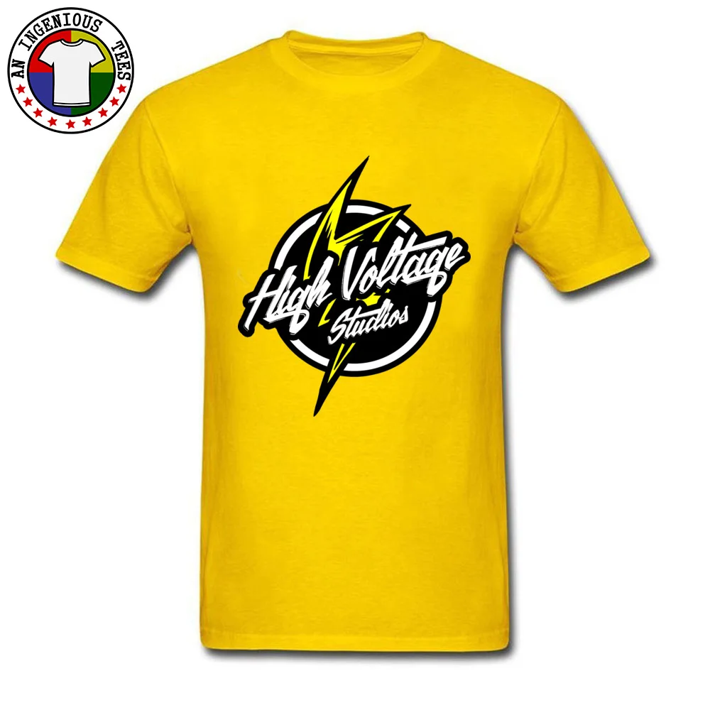 High Voltage Studios Logo O Neck T Shirts Summer/Fall Tops Shirts Short Sleeve 2018 Cotton Fabric Casual Tee Shirts Street Men High Voltage Studios Logo yellow
