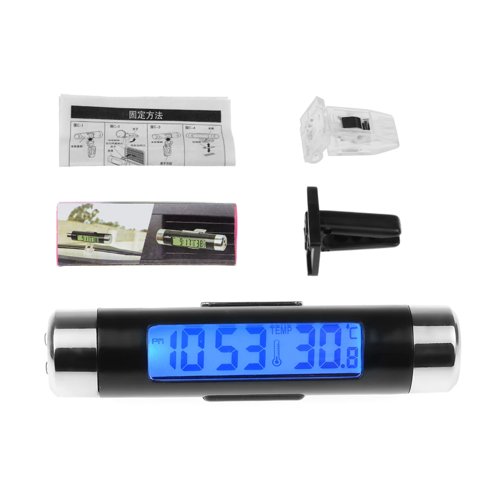 

2in1 Blue Backlight Car Digital LCD Temperature Thermometer Clock Calendar Automotive Clock With Clip Car Accessories Manual