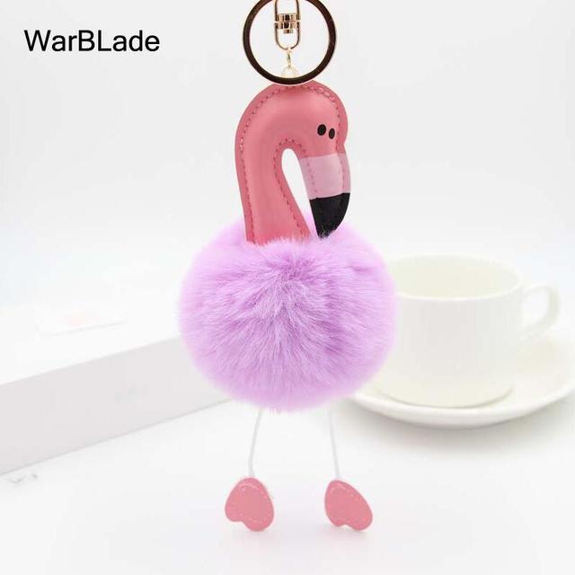 New Flamingo Pompom Keychain Fluffy Fake Rabbit Fur Ball Key Chain Porte clef Women Car Bag pompon Key Ring Accessories