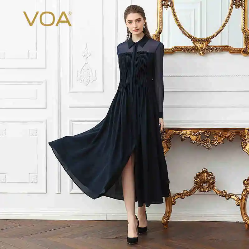 

VOA Heavy Silk Plus Size Women Shirt Long Dress Sexy Mesh Solid Navy Blue Vintage Casual Runway Dresses Fall Long Sleeve A112