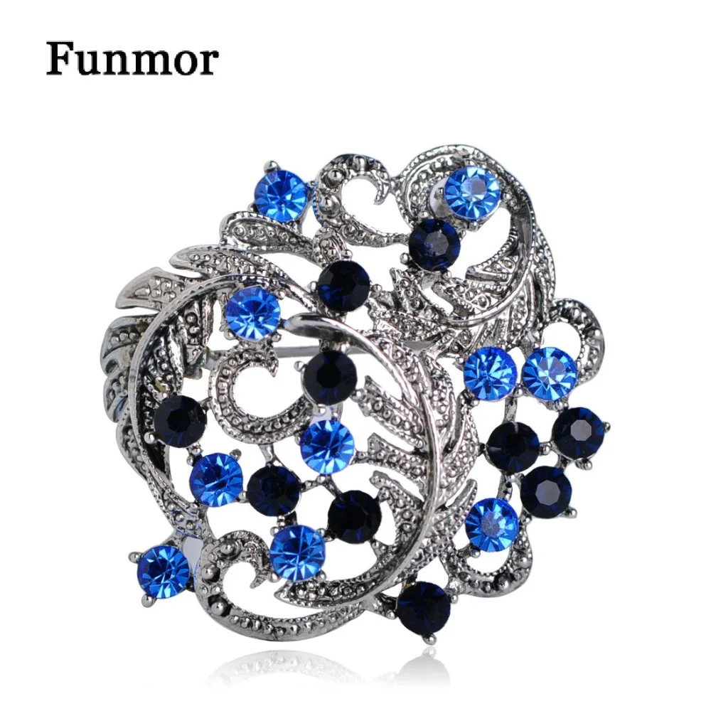 Funmor Vintage Blue Flowers Brooches For Women Silver Color Crystal
