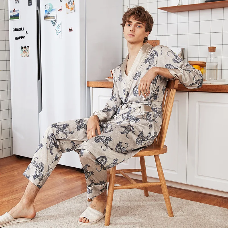 Hawiton Brand Autumn Satin Silk Men Pajamas Set Men's Luxurious Printed Sleepwear Suit Long Sleeve Bath Robe+ Pants Two Pieces