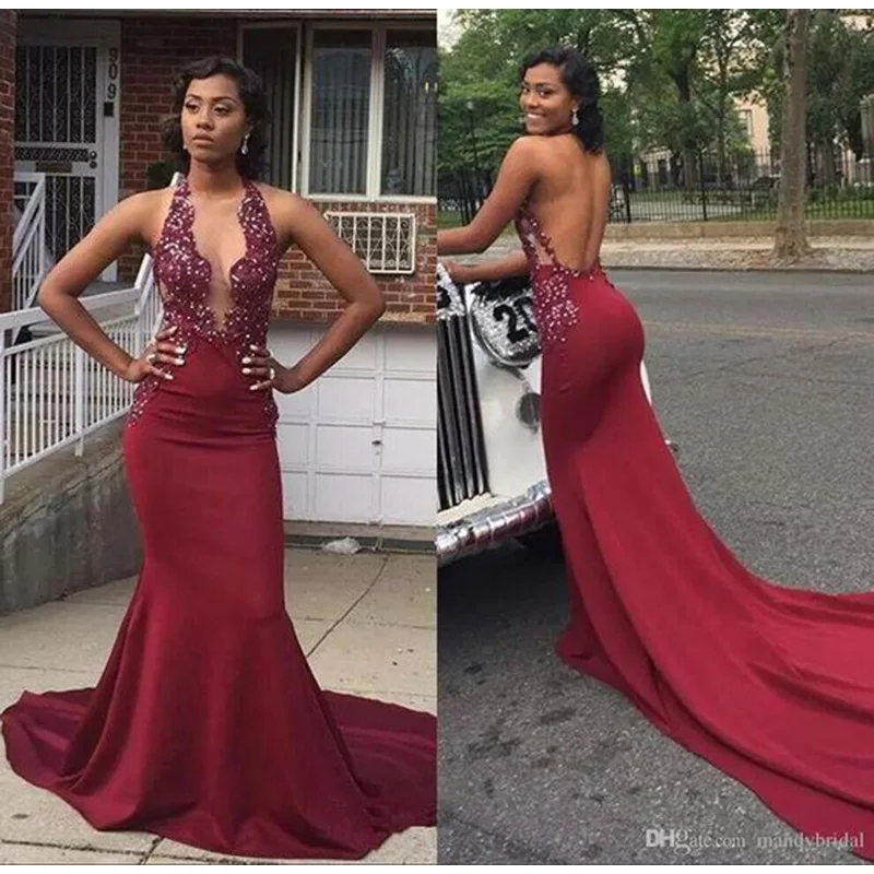 

Sexy Burgundy Mermaid Prom Dress Beaded Sheer Lace See Through Top Halter Backless African Black Girl Party Long Prom Dresses