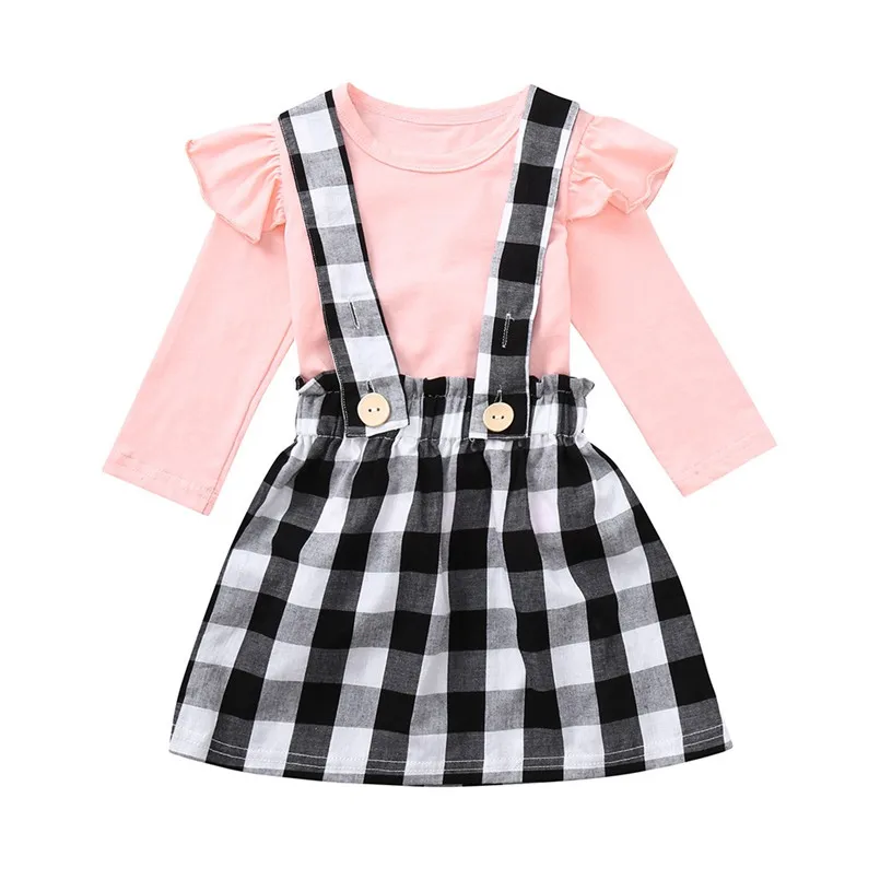 Girls suit summer 2019 new Toddler Baby Girls Lattice Strap Skirt +Long Sleeve T-Shirt Ruched Outfits Set  (6)