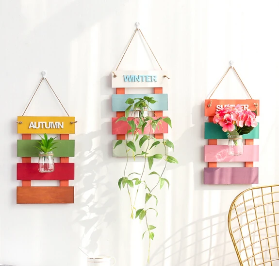 

Modern Style Nice Season Glass Flower Pot Hangable Wooden Flower Bottle Wooden Wall Rack Hydroponic Plants Pot Wall Decor L size