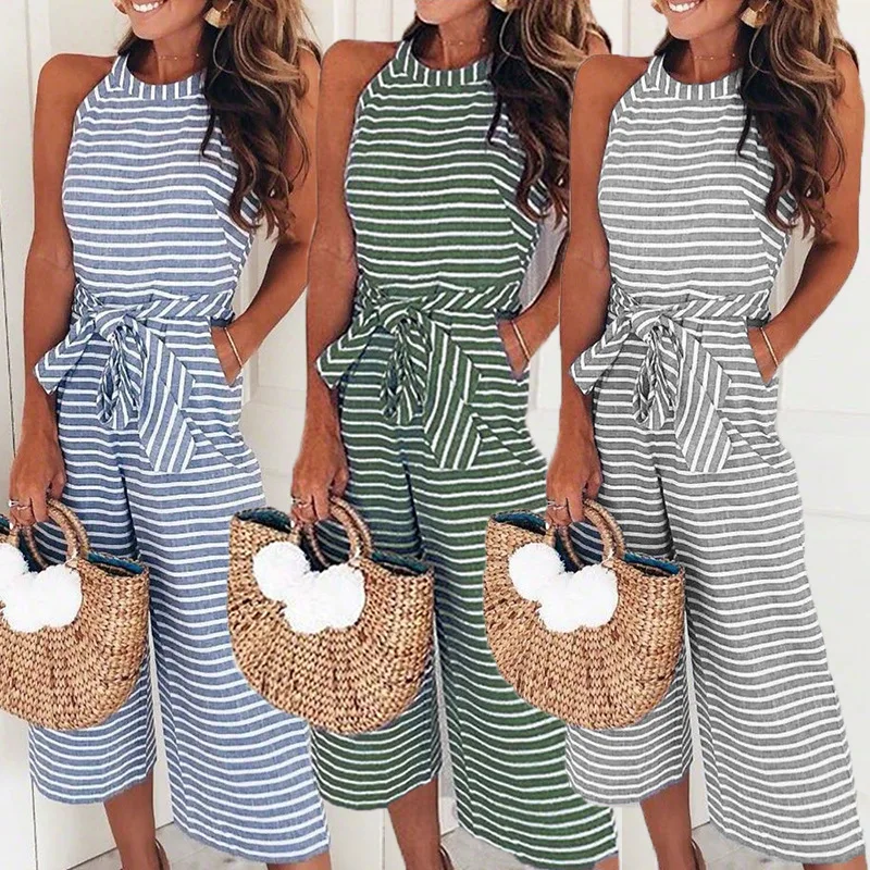

4 color fashion morality with sexy stripes round collar jumpsuits