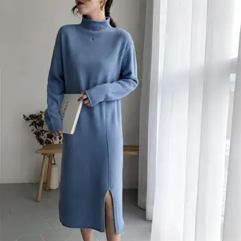

women's clothing 2019 new arrival womens spring autumn long style knitted sweater dresses women turtleneck fork long dress
