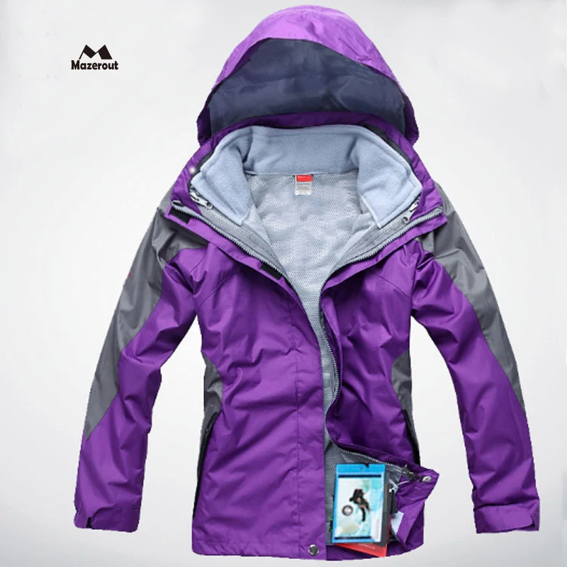 MAZEROUT 2017 امرأة جديد الشتاء 3 في 1 للماء التزلج الدافئة الرحلات المشي في الهواء الطلق جاكيتات الحرارية التخييم الرياضية زائد حجم j4