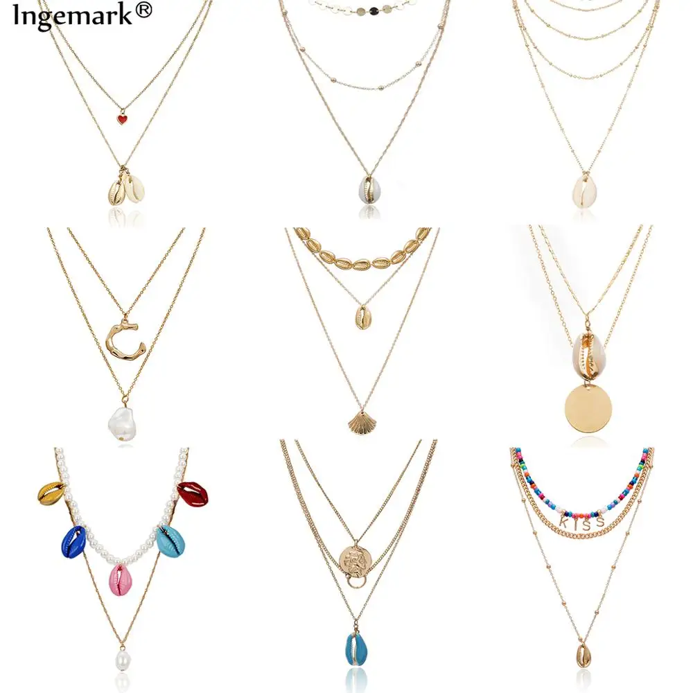 

14 Styles Bohemian Shell Multi Layer Choker Necklace Women New Fashion Imitation Pearl Heart Necklaces & Pendants Collar Jewelry