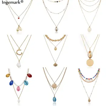

14 Styles Bohemian Shell Multi Layer Choker Necklace Women New Fashion Imitation Pearl Heart Necklaces & Pendants Collar Jewelry