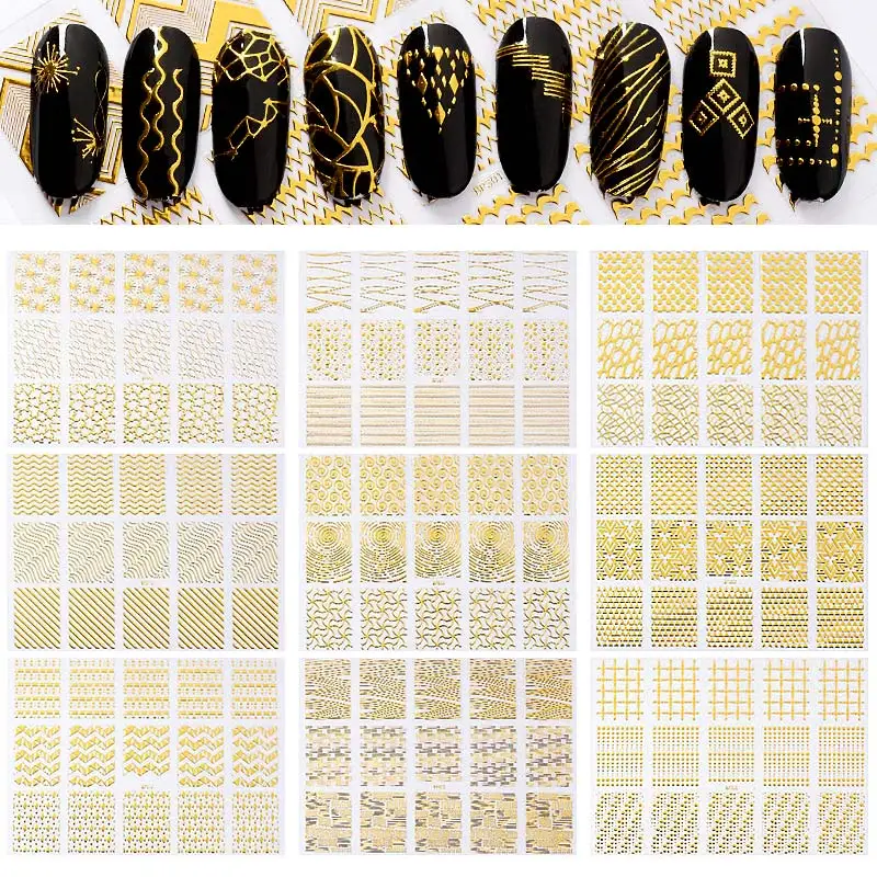 

T-TIAO CLUB Geometric Pattern 3D Nail Sticker Decals Adhesive Heart Star Gold Stripes Wave Line Manicure DIY Nail Art Decoration