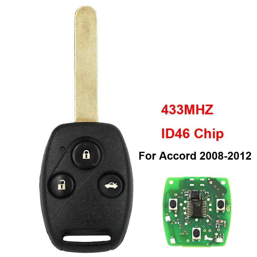 

3 Button Remote Key Smart Car Key Fob 433MHz ID46 Chip with Uncut Blade for Honda Accord Civic 2008 2009 2010 2011 2012