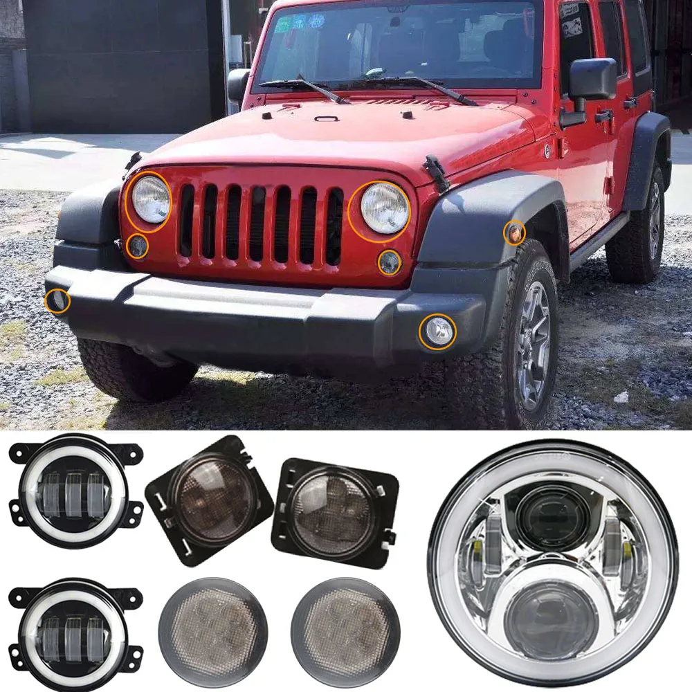 4 inch Fog Light Combo Kit For Jeep Wrangler JK +For Jeep Wrangler Led Light 7inch Halo Angel Eyes LED Headlights