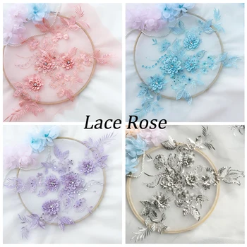 

3D Flowers Beaded Embroidery Lace Patches Applique Diy Sew On Patches Wedding Costume Dress Decor Floral Patch Accessories
