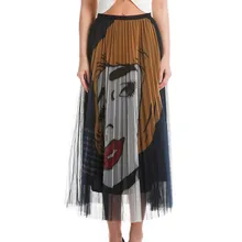 Для женщин Винтаж принтованное дамское Повседневное плиссированные ботильоны-Длина юбки перспектива сетки корейский дизайн миди юбка куртка faldas Saias femininas 6,26