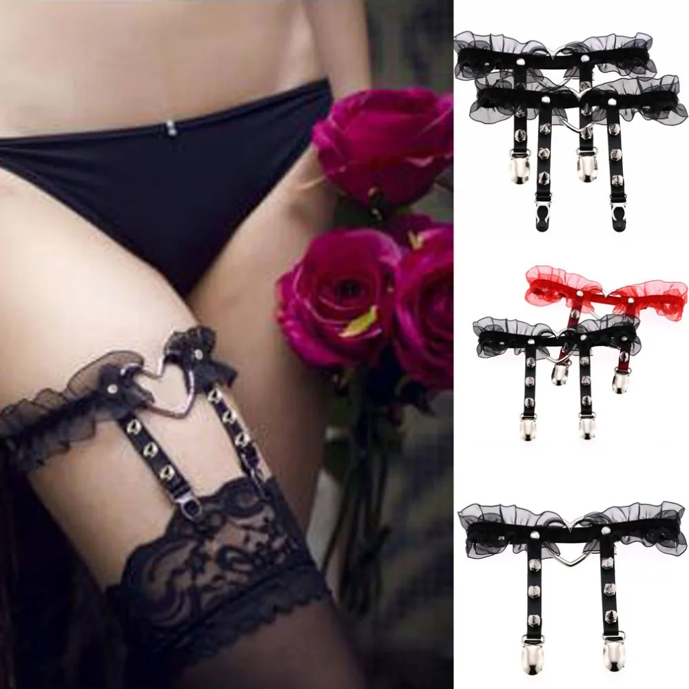 

Sexy Lace Elastic Flower Bride Garter Handmade Lolita Kawaii Big Heart Leather Leg Garter Ring Belts Spikes Thigh Harness