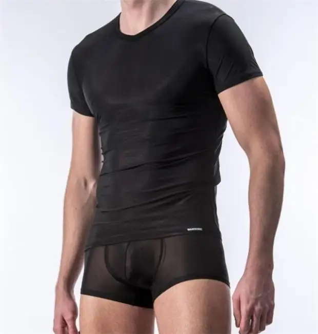 

Male sexy t-shirt viscose tight short-sleeve black transparent sexy sleepwear