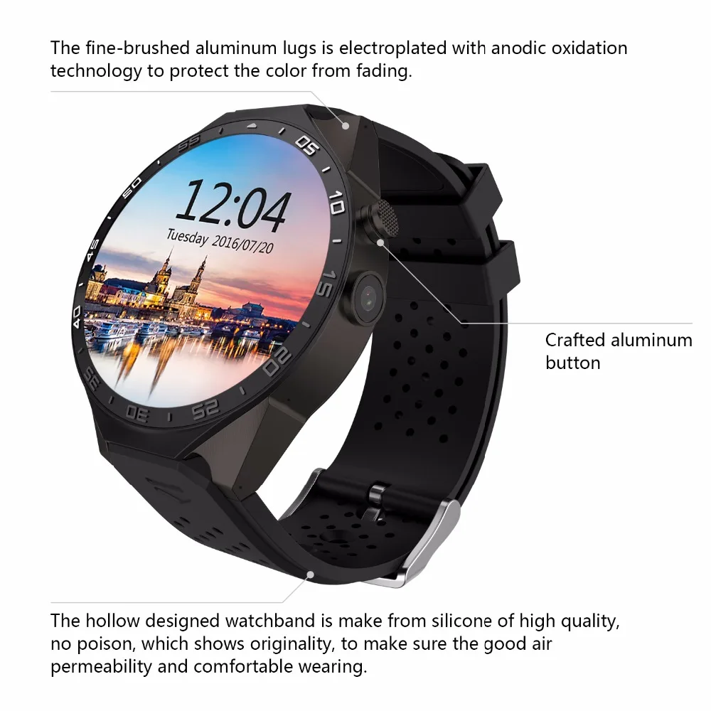 

Original KW88 Smart Watch 1.39 Inch MTK6580 Quad Core 1.3GHZ Android 5.1 3G Smart Watch 400mAh 5.0 Mega Pixel Heart Rate Monitor