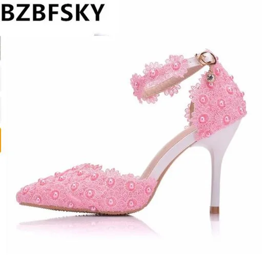 

BZBFSKYWhiteLace Flowers Women Wedding Shoes Wristband Bride Shoes One Word Buckle Thin Heels Ladies High Heels Sandals Big Size