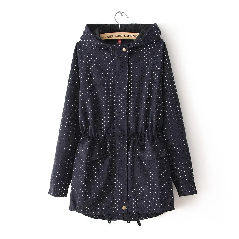 

2019 Trench Coats Autumn Winter Women Cute Polka Dots Hooded Drawstring Trench Abrigos Chaquetas Windbreaker Outerwear Coat