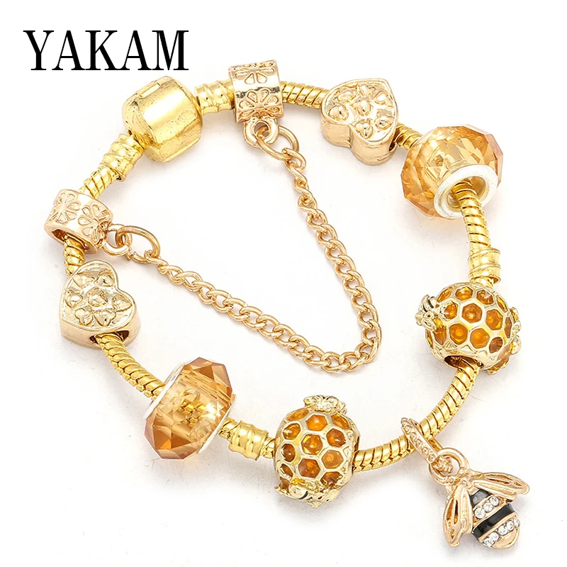 Подходит для европейских оригинальных шармов браслет Pulseras Золотая эмаль соты