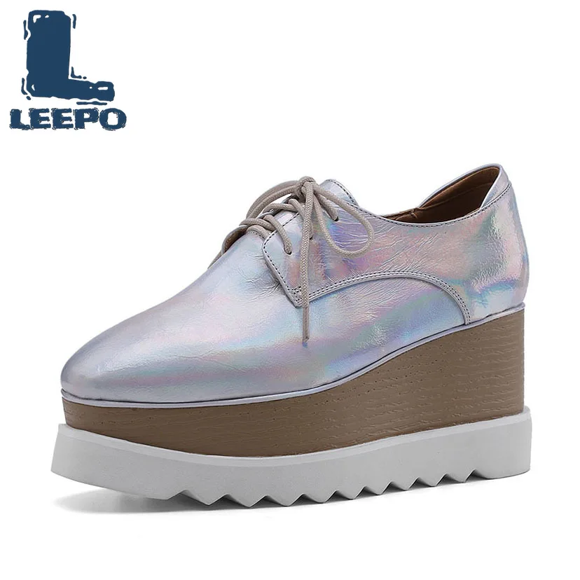 

LEEPO Flat Platform Shoes Women Female Silver Lace-Up Square Toe Flats Woman Luxury Handmade Cow Leather Platform Glitter Shoes