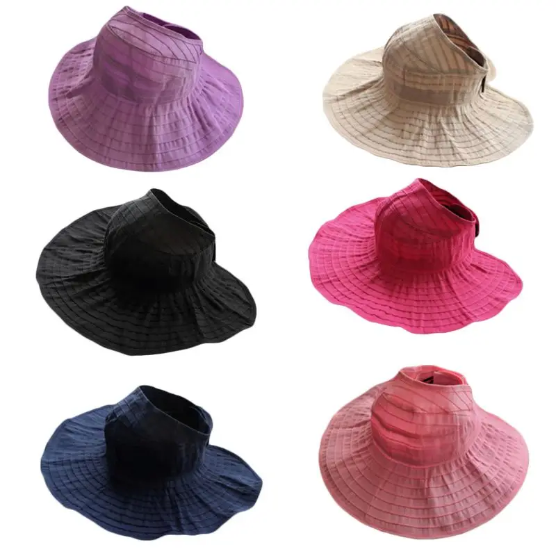 

Womens Summer Empty Top Foldable Pleated Sun Visor Hat Solid Color Wide Brim Breathable Mesh Anti-UV Beach Cap With Chin Strap