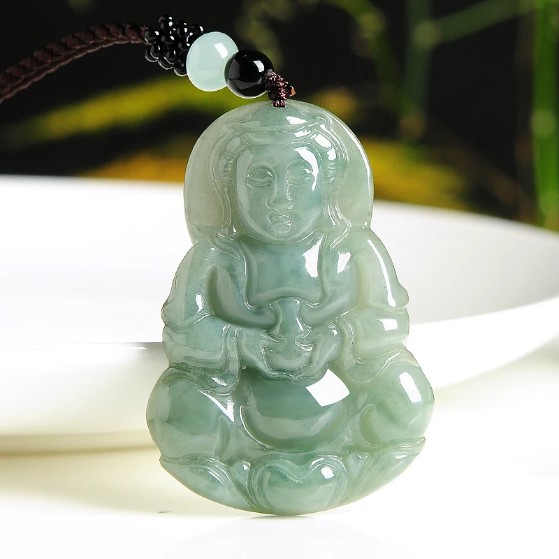 

Natural A Cargo Oil Green emerald Guanyin pendant burmese jade Bodhisattva pendant men Jade Neck decoration