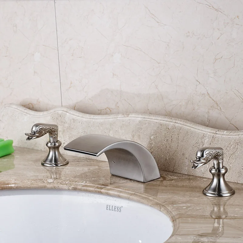 

Deck Mounted Washbasin Mixer Faucet for Bathroom Dual Handle One Hole Brushed