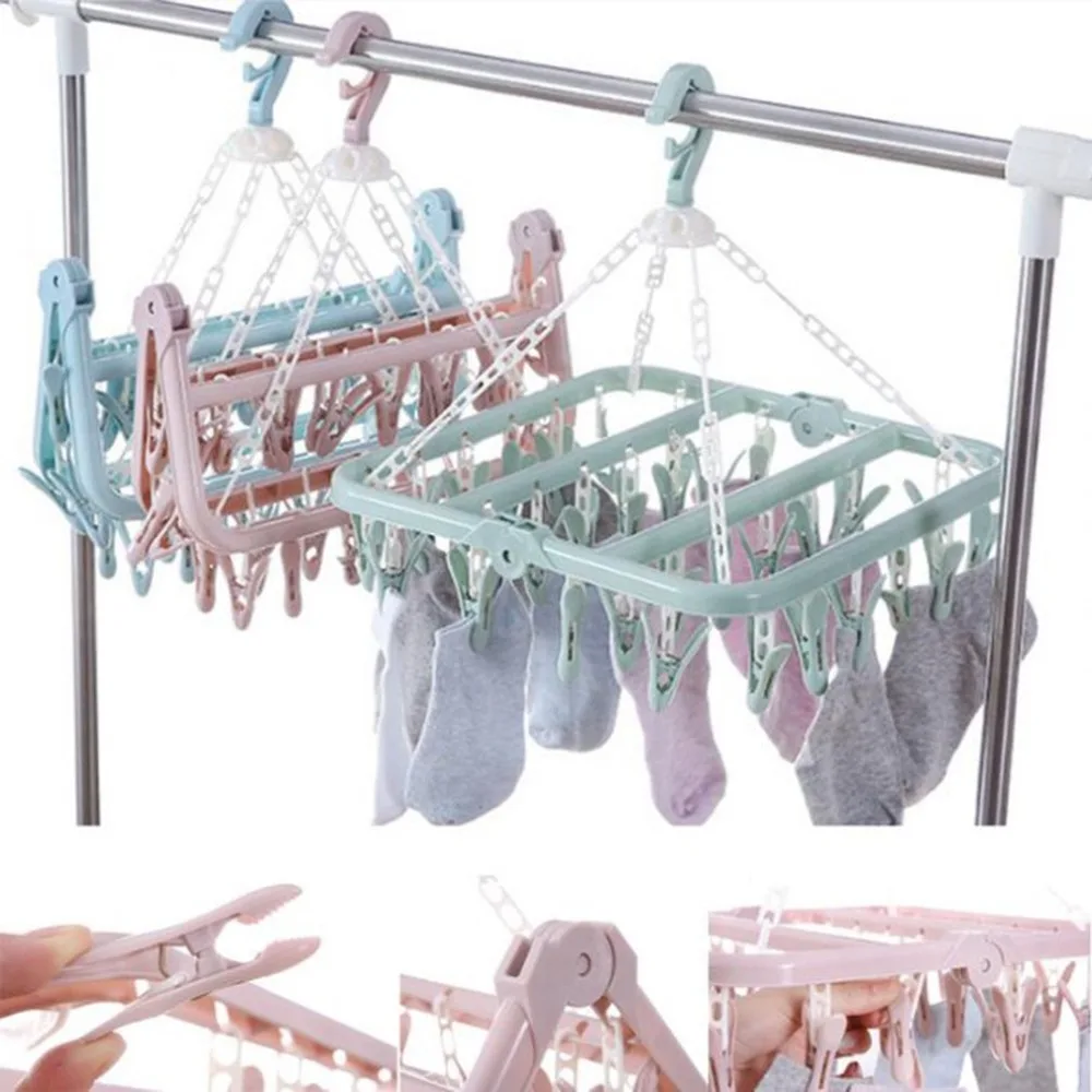 Folding Clothes Hanger Towels Socks Bras Underwear Drying Rack With 32 Clips Plastic Space Saving Closet Organizer Hanger Rack