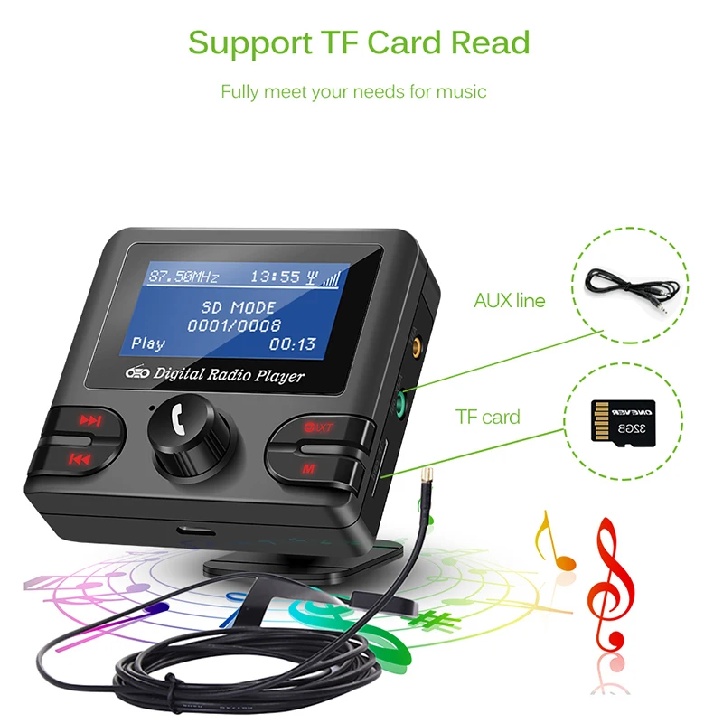 Car Digital Radio Adapter with Music Streaming SMB DAB antenna FM transmitter Bluetooth audio handsfree phone TF card MP3 player