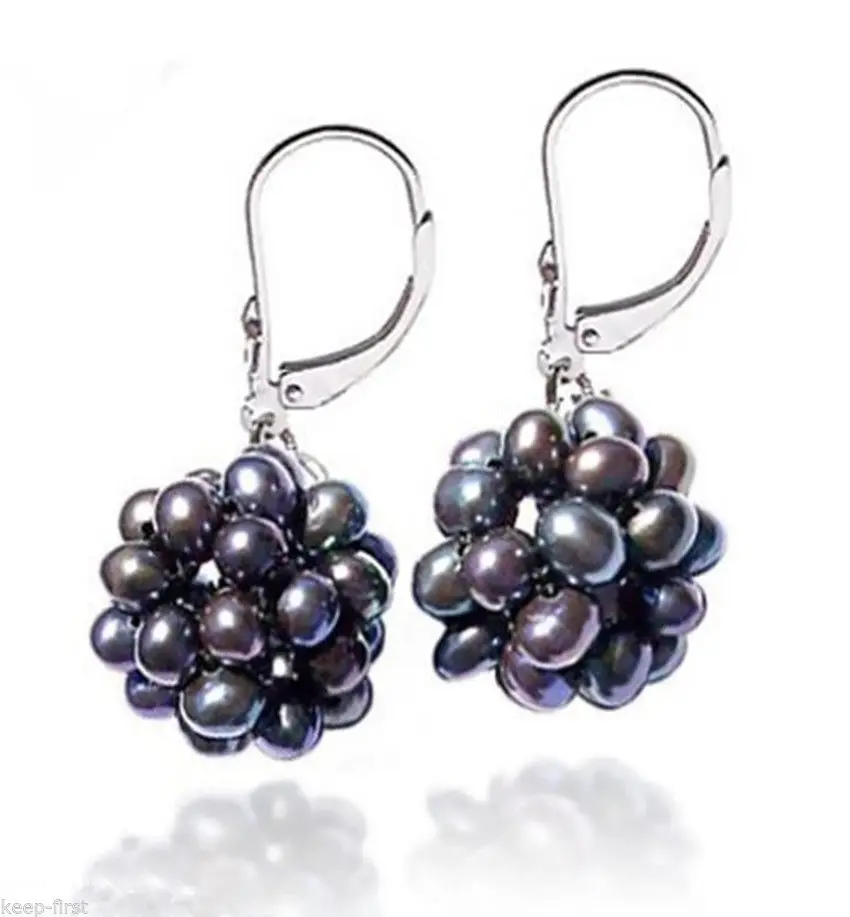 

A Handmade Natural Black Pearl Ball 925 Silver Leverback Dangle Earrings