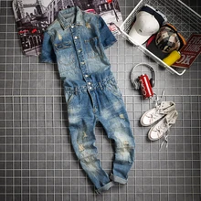 Men's Short Sleeve Denim Overalls Men Casual Ripped Jeans Jumpsuit One Piece Jacket Trouser Male Workwear Denim Bib Coverall