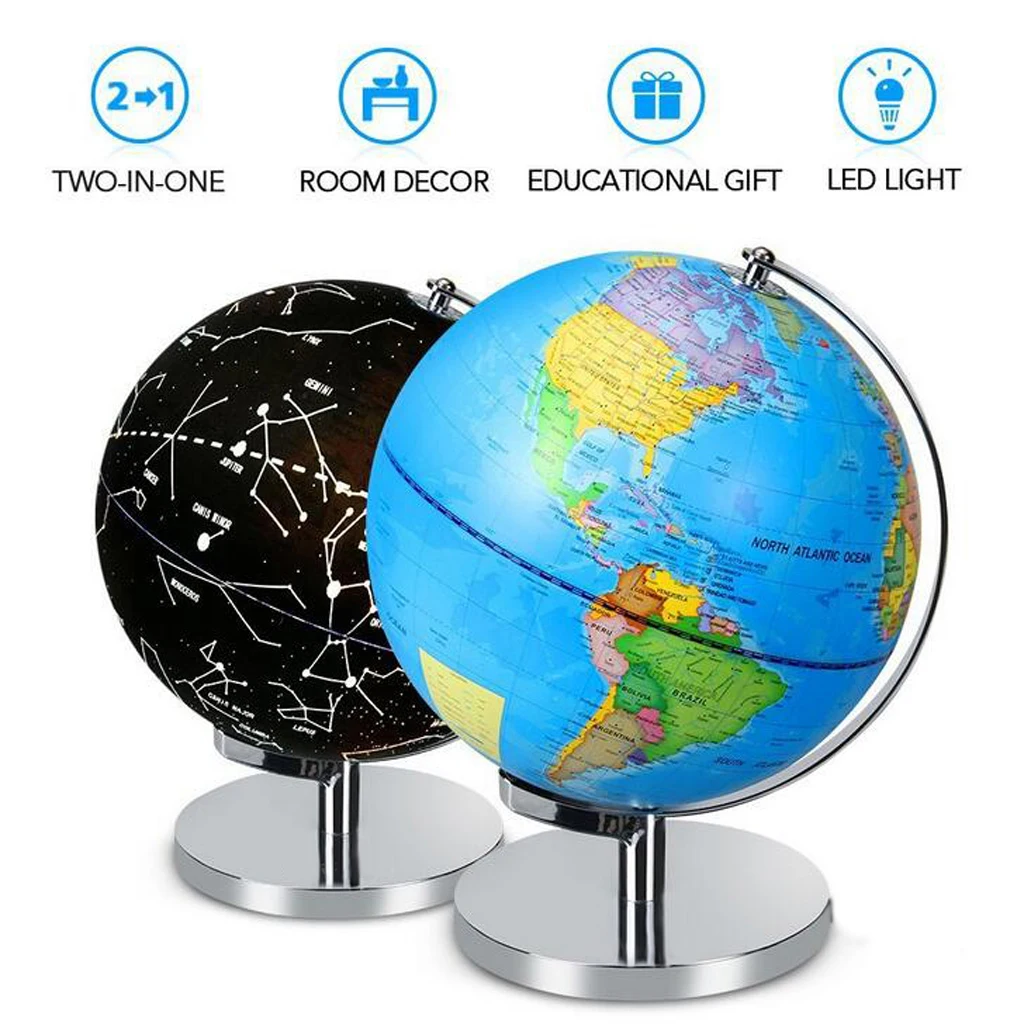  3 in 1 World Map Globe Illuminated Detailed Educational Geographic Learning World Globe Terrestrial Nightlight Home Table Decor