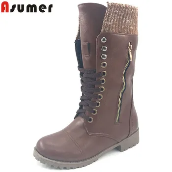 

ASUMER big size 34-43 fashion mid calf boots for women round toe lace up med heels shoes autumn winter botos women
