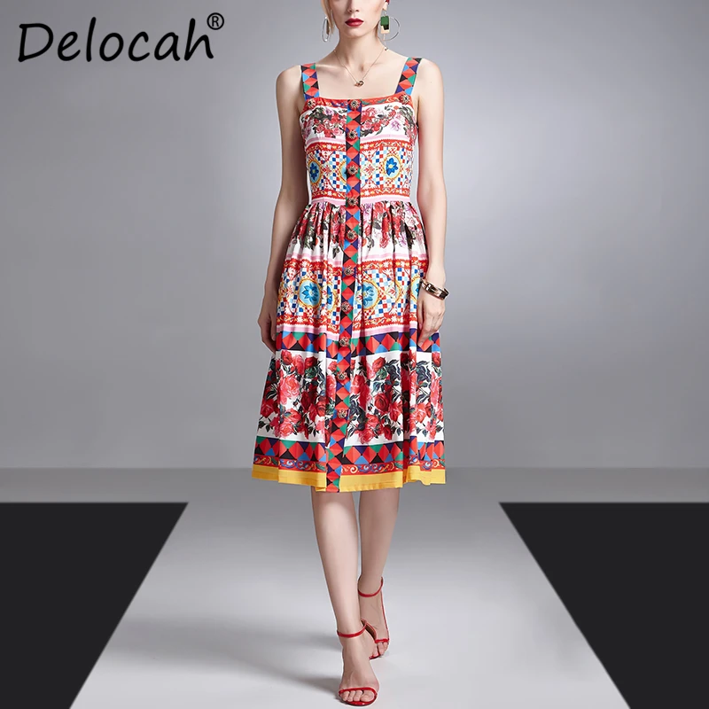 

Delocah Women Spring Summer Dress Runway Fashion Designer Sexy Spaghetti Strap Gorgeous Crystal Button Vacation Ladys Dresses