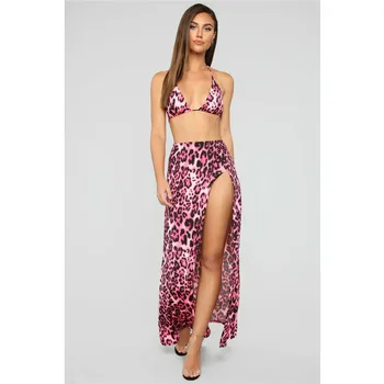 

2019 New Women's Bohemian Style Leopard Print Hanging Neck Strap Triangle Short Coat High Waist Split Long Skirt Set Sizes S-XL