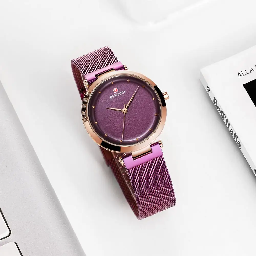 

REWARD Elegant Women Watch Quartz Ladies Watches Top Brand Luxury Purple Ultra-thin Mesh Strap Iced Out Casual Dress Wristwatch