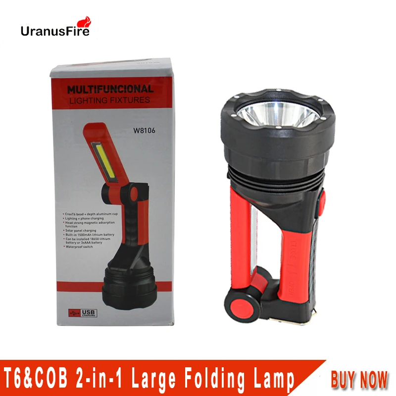 Uranusfire COB складной солнечный фонарик с USB зарядкой XML T6 светодиодный фонарь 18650 для