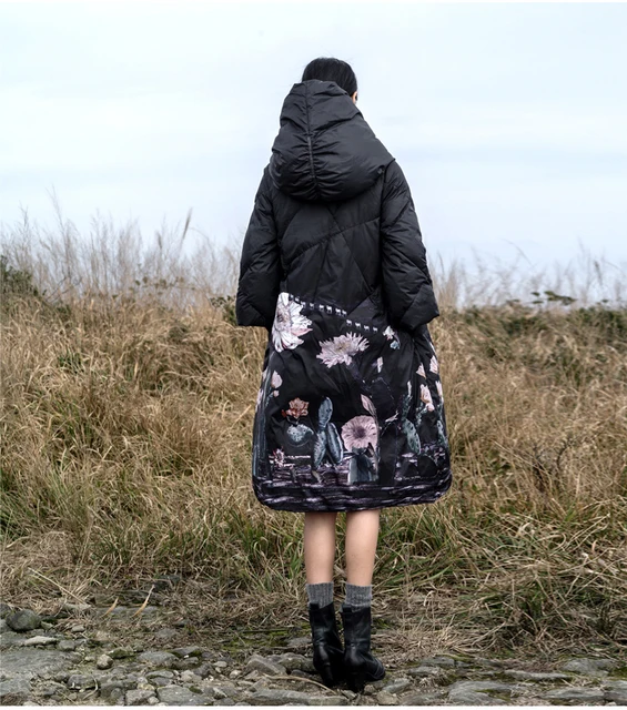 Kurtki zimowe kobiety 90% biała kaczka w dół Drukuj kolorowe Parkas z kapturem płaszcze długi dół ciepłe casual Snow Outwear -