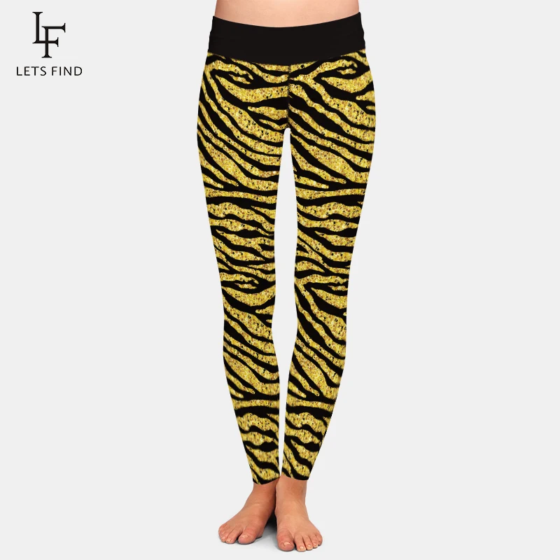 LETSFIND-Leggings de cintura alta para mujer, Leggings Sexy 3D dorado con estampado de cebra de talla grande elástico negro