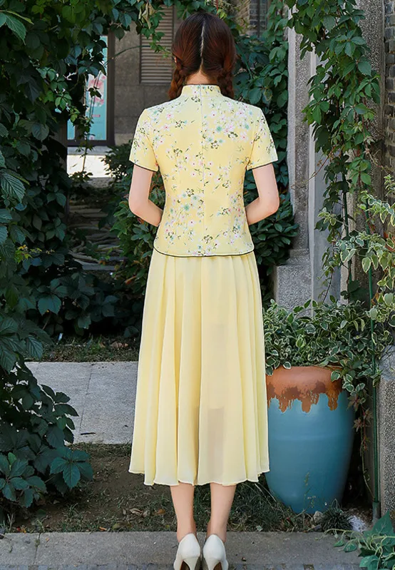 Blusa Cheongsam Amarelo Impressão Flor Elegante Clássico