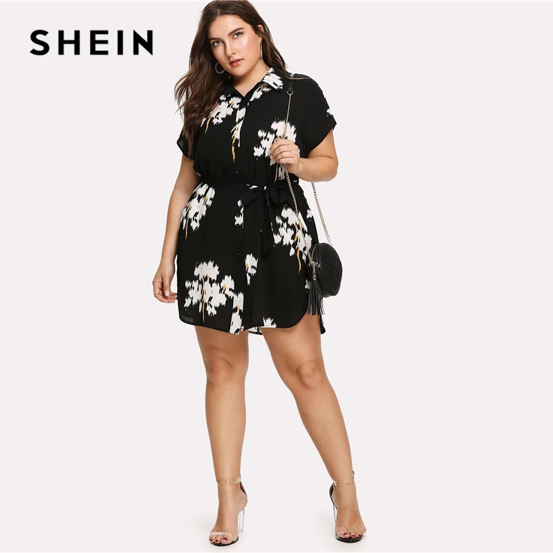 SHEIN Платье С Цветочным Принтом Поясом Плюс Размер Цветочные Женские Платья
