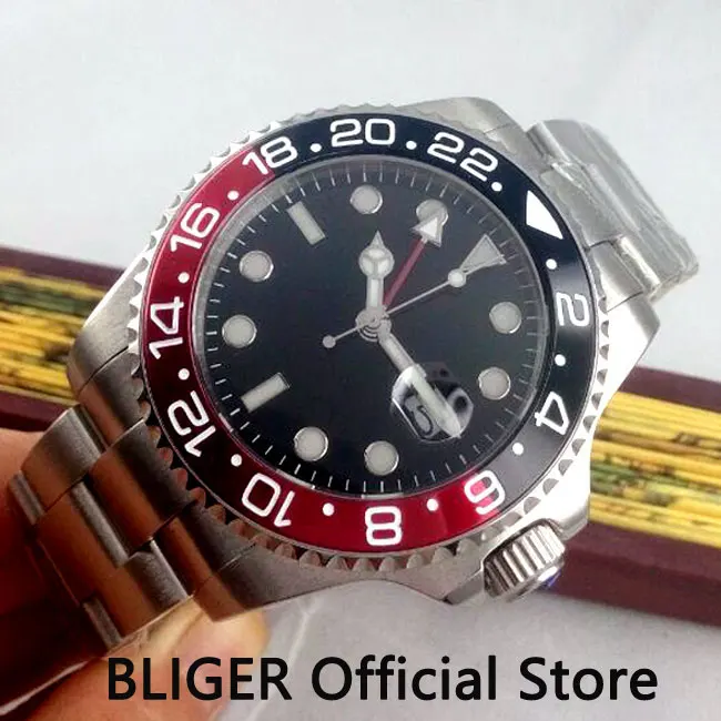 Bliger 43 мм стерильный черный циферблат сапфировое стекло функция GMT Дата светящийся поворотный ободок автоматический механизм мужские часы B305